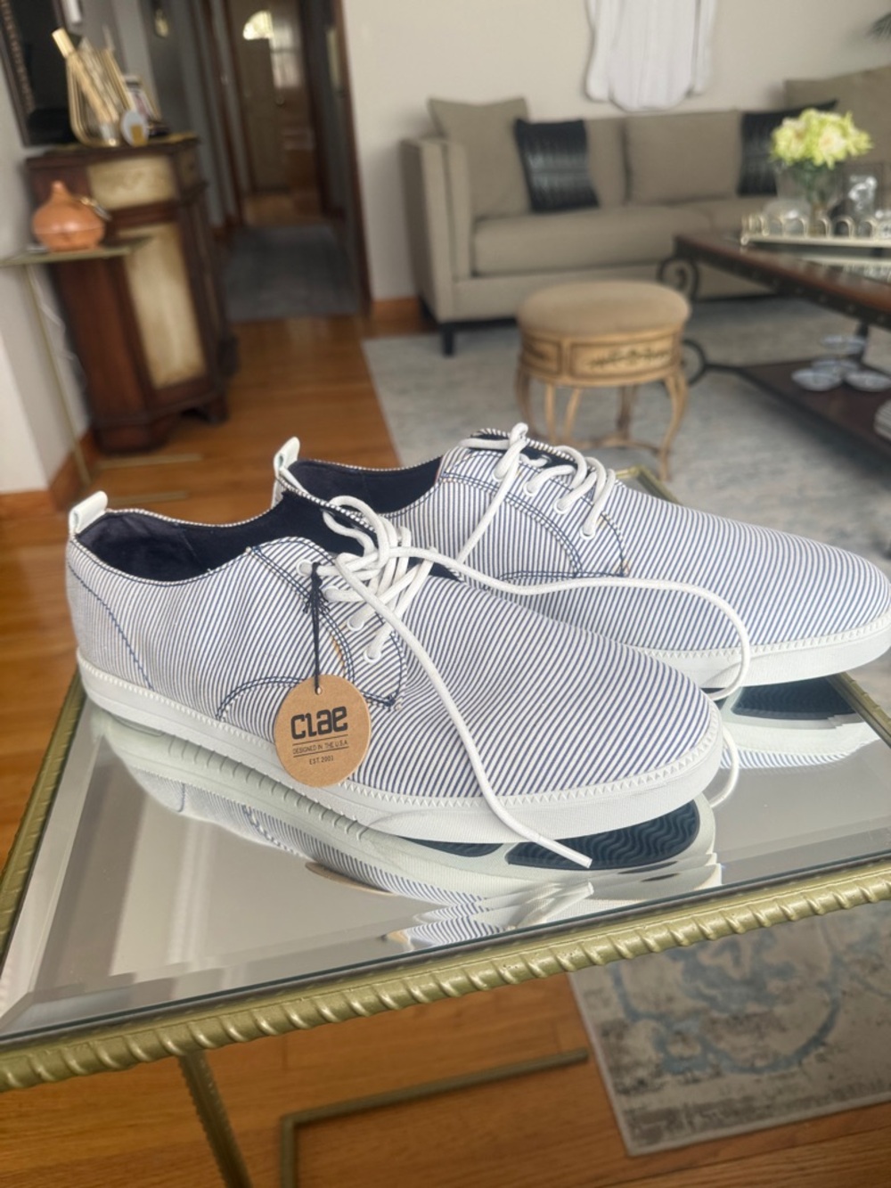 Clae Men’s White & Navy Pinstripe Casual Sneaker